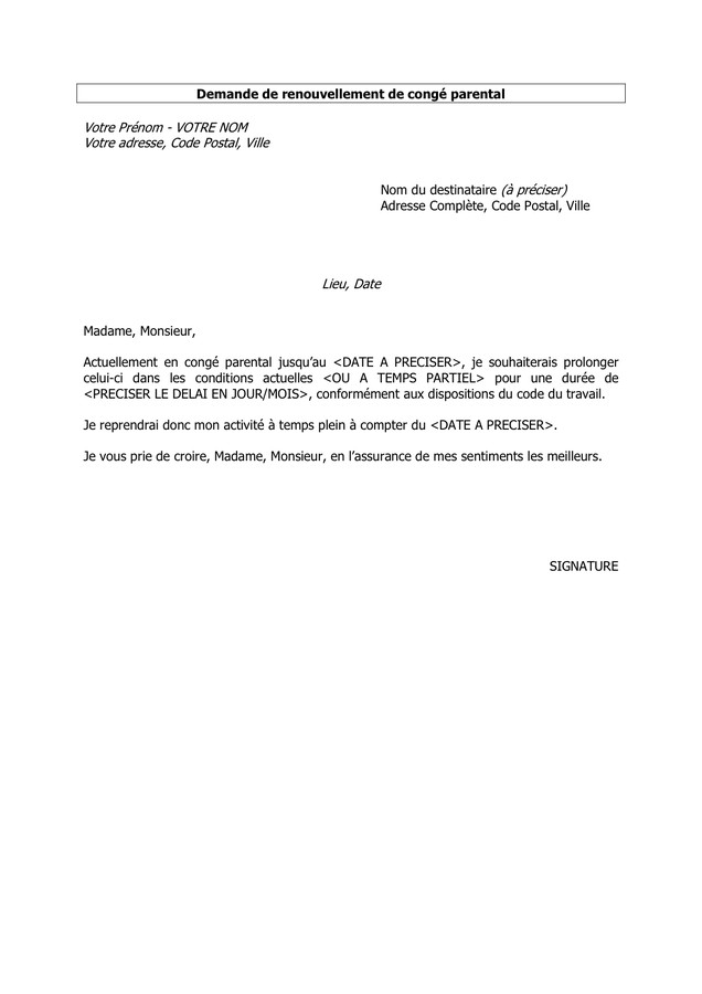 lettre type de demande de conge parental a temps partiel