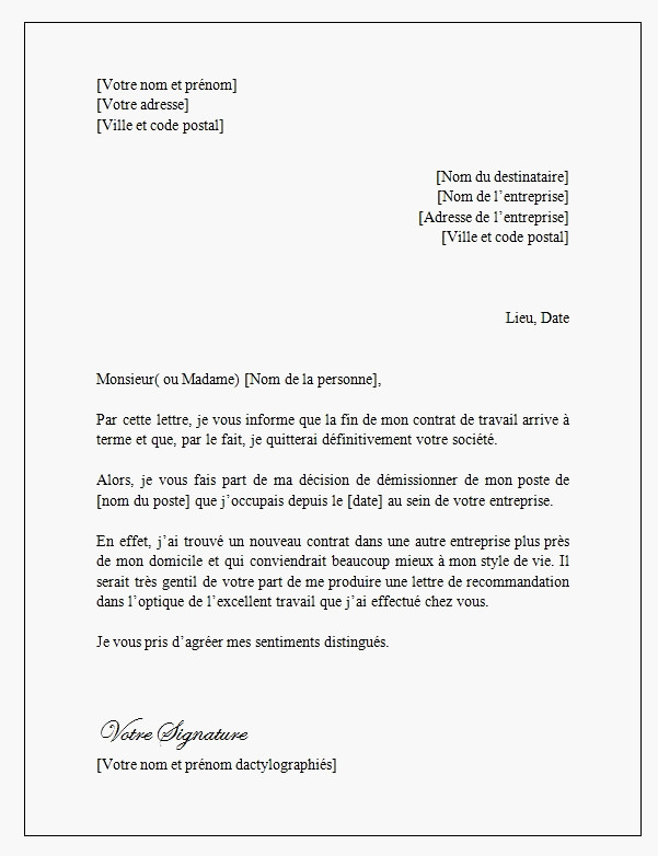 lettre type de demission cdd