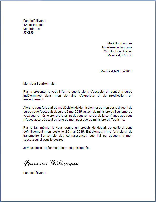 lettre type de demission cdd