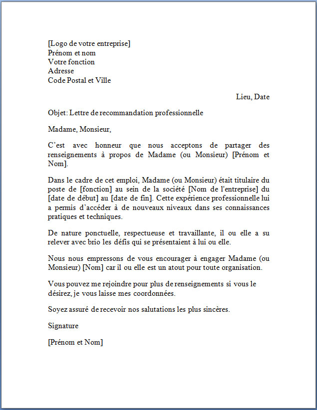 lettre type de recommandation gratuite