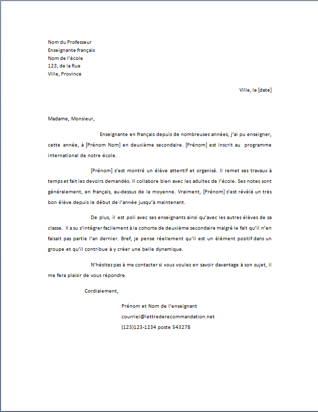 lettre type de recommandation gratuite