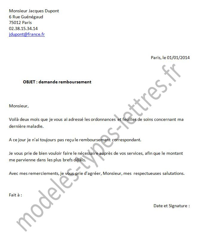 lettre type de remboursement
