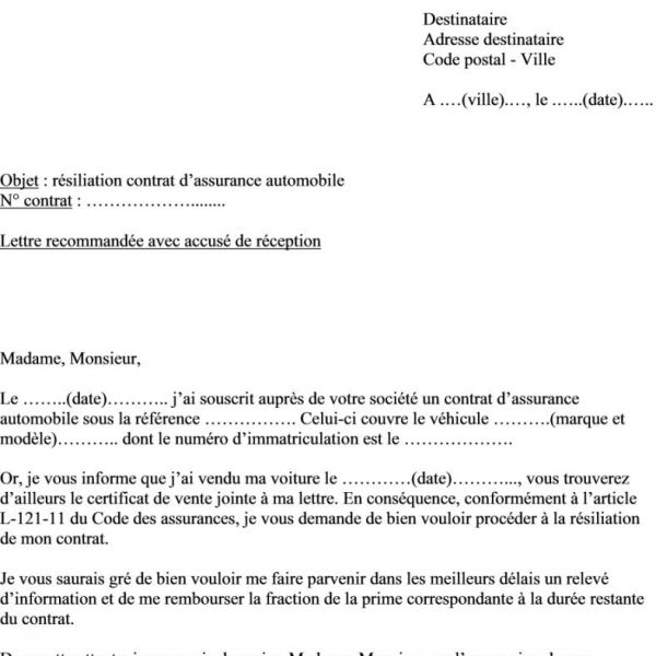 lettre type de vente de voiture
