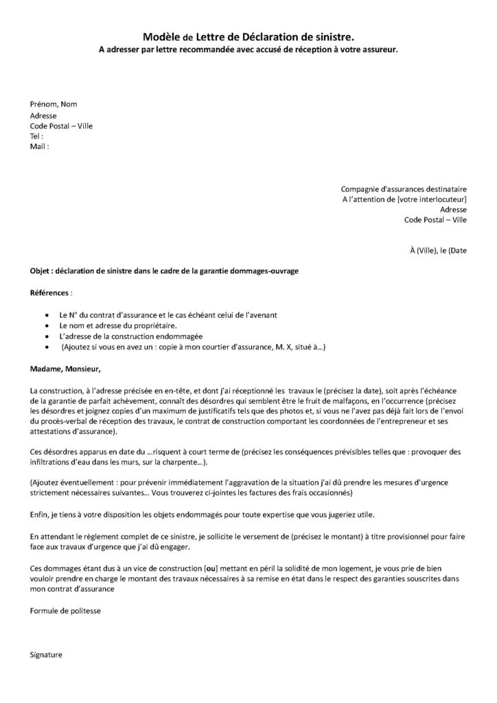 lettre type declaration de sinistre