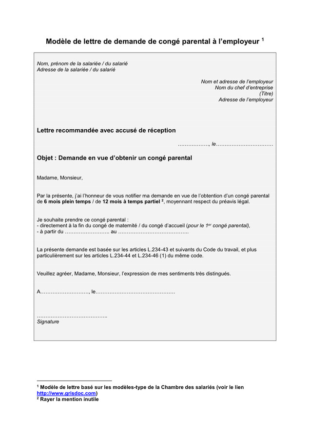 lettre type demande de conge parental belgique