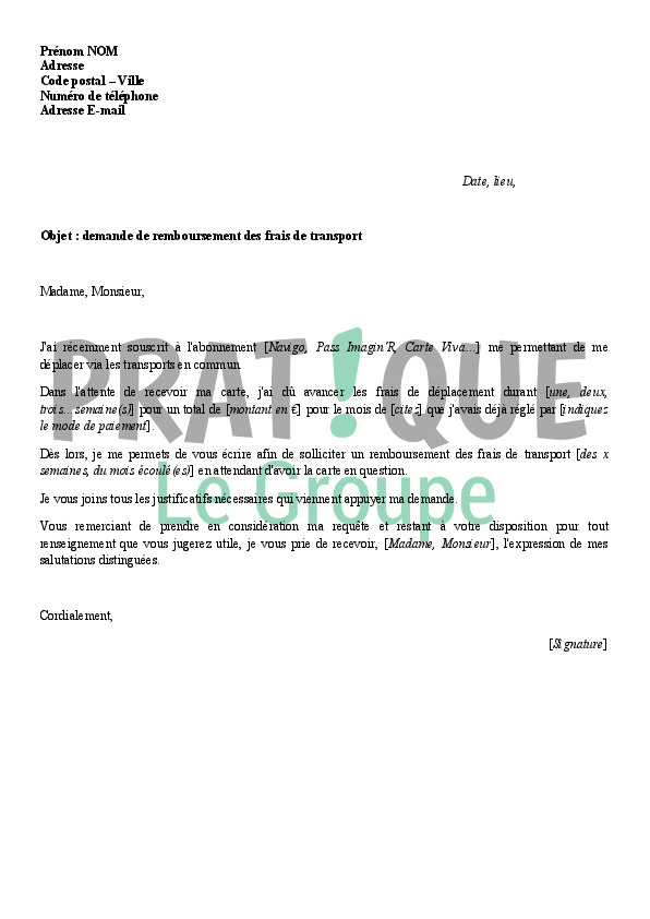 lettre type demande de remboursement de frais de transport