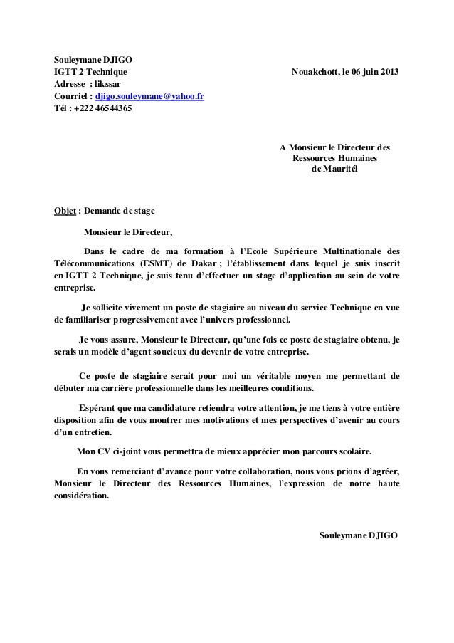 lettre type demande de stage