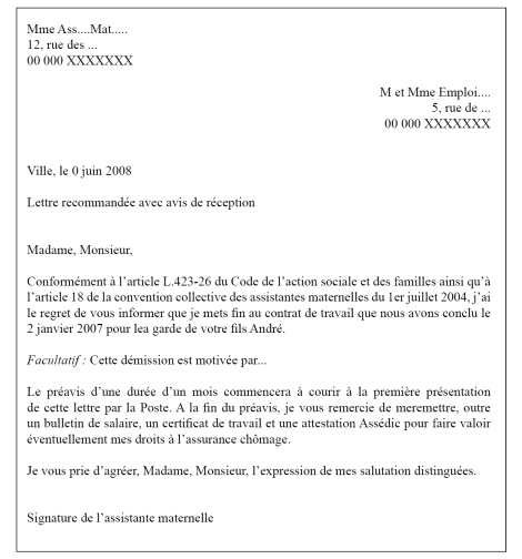 lettre type fin de contrat assistante maternelle