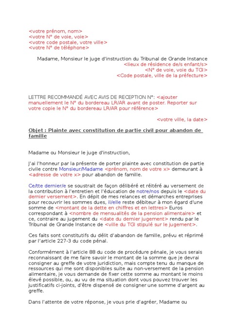 lettre type pour non paiement de pension alimentaire