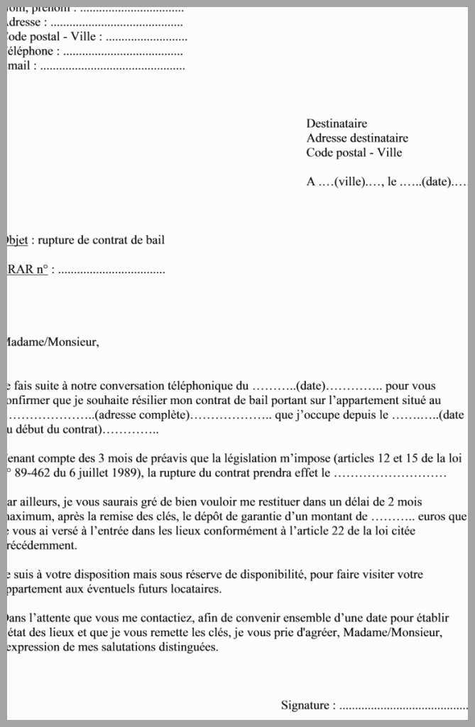 lettre type preavis 1 mois