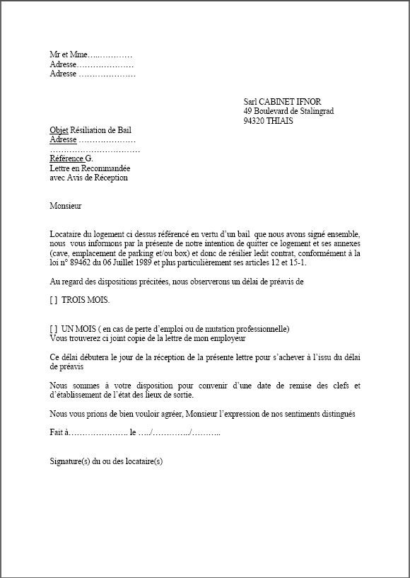 lettre type preavis 1 mois