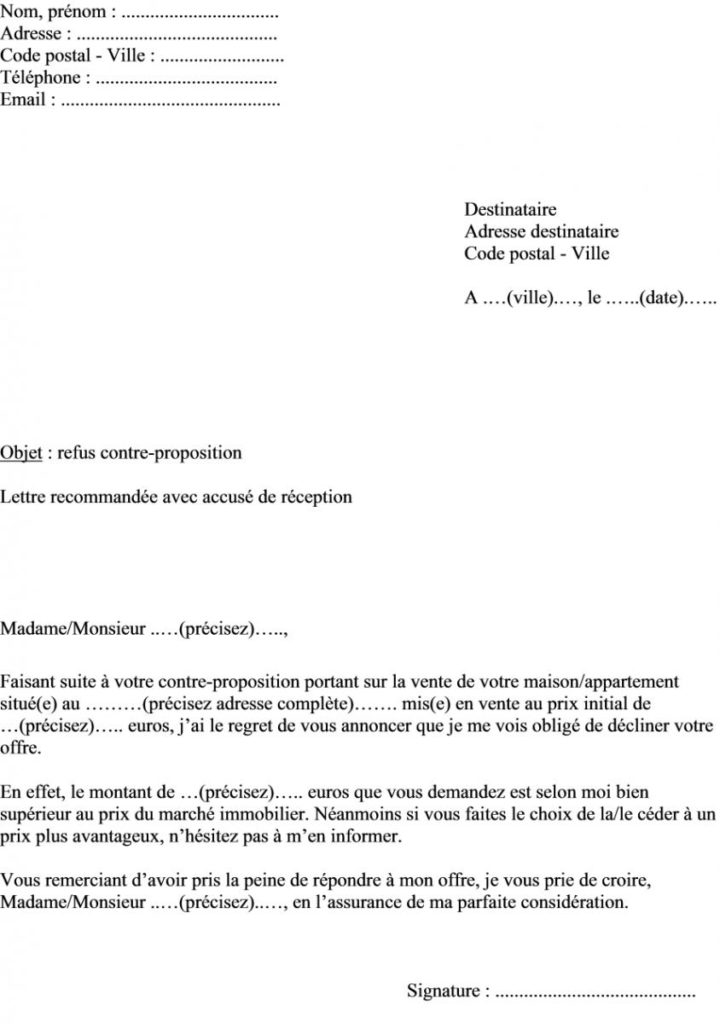 lettre type proposition de vente