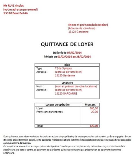 lettre type quittance de loyer
