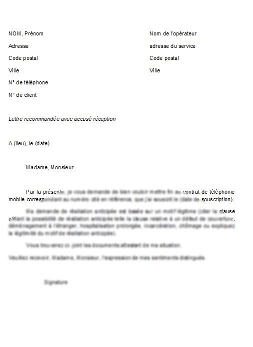 lettre type resiliation adsl