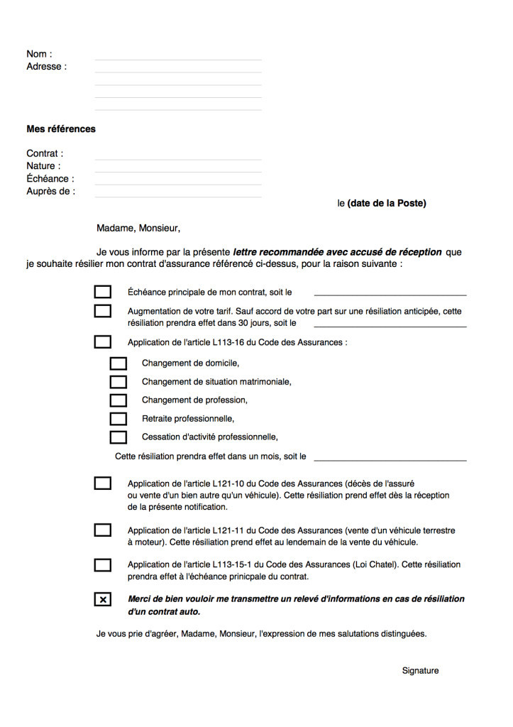 lettre type resiliation d'assurance