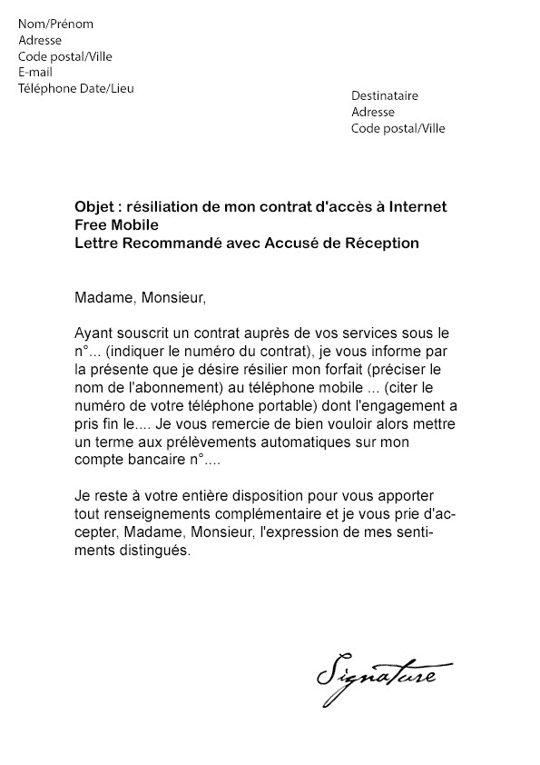 lettre type resiliation numericable cause demenagement