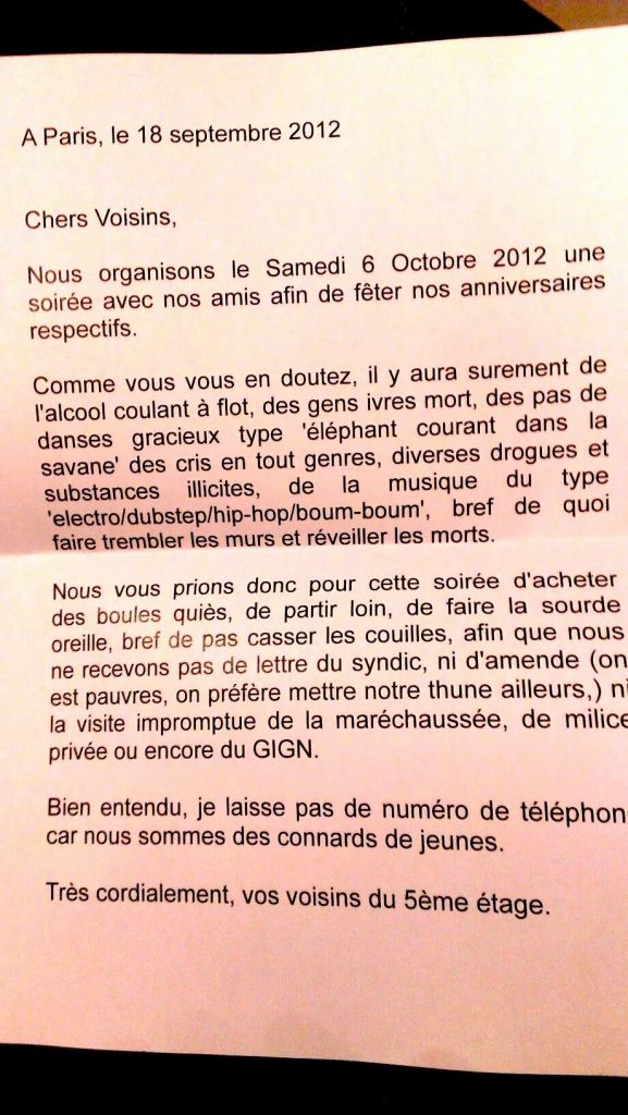 lettre voisins fete