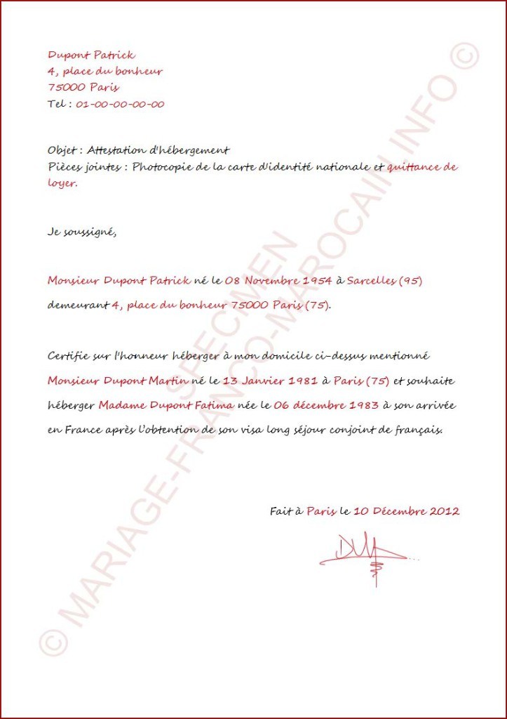 lettres d'hebergement