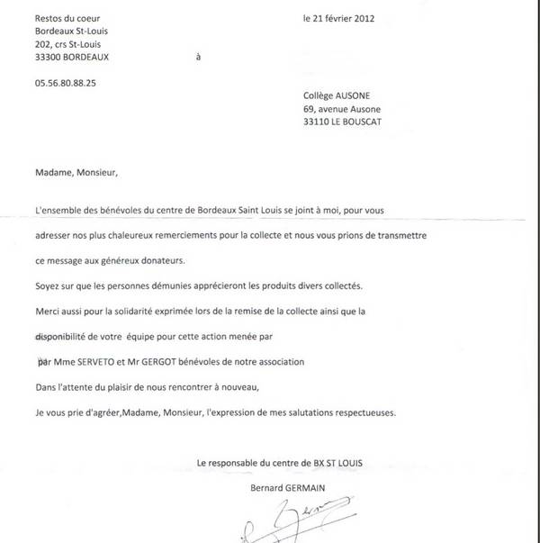 lettres de remerciement de stage