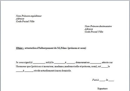 model attestation hebergement gratuit
