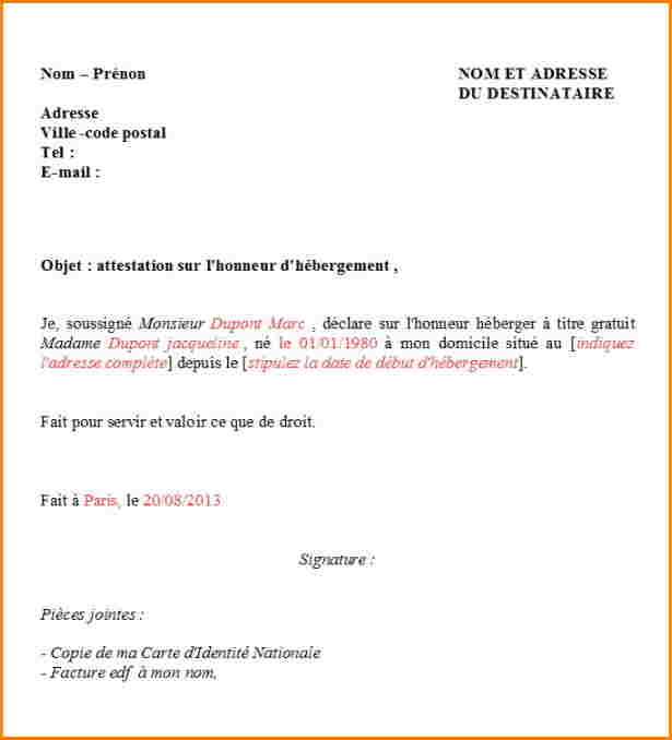 model attestation hebergement gratuit
