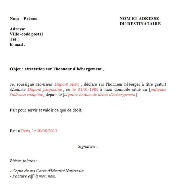 model attestation hebergement gratuit