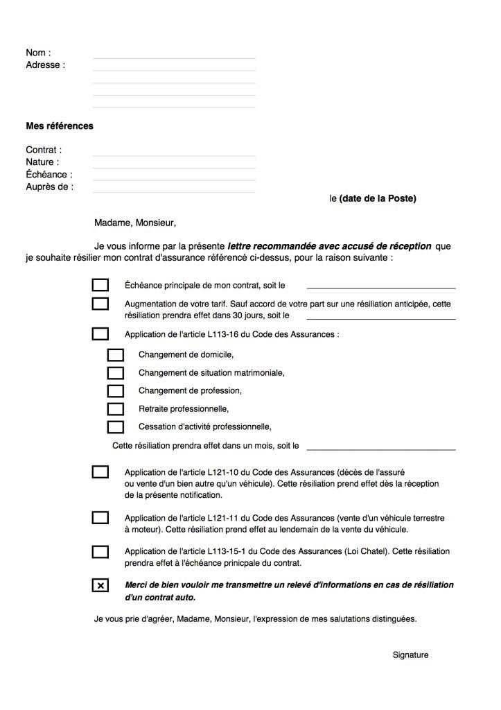 model courrier resiliation assurance