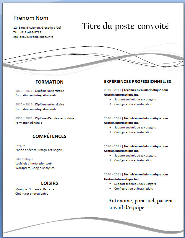 model de cv word gratuit