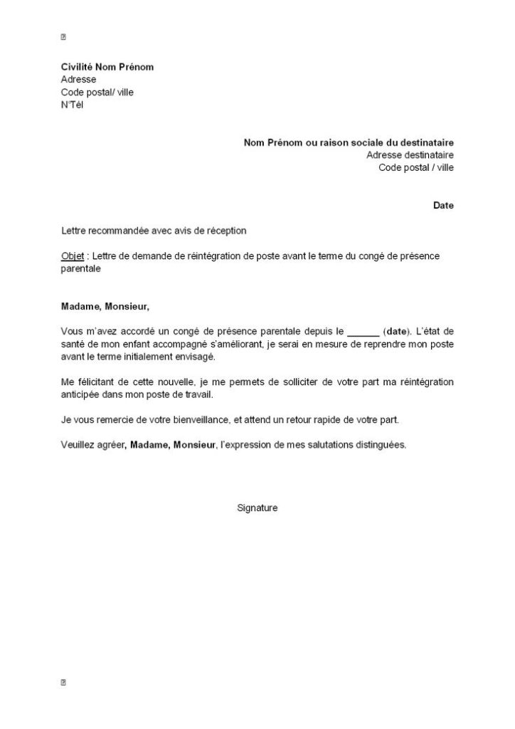 model de lettre de demande de conge parental