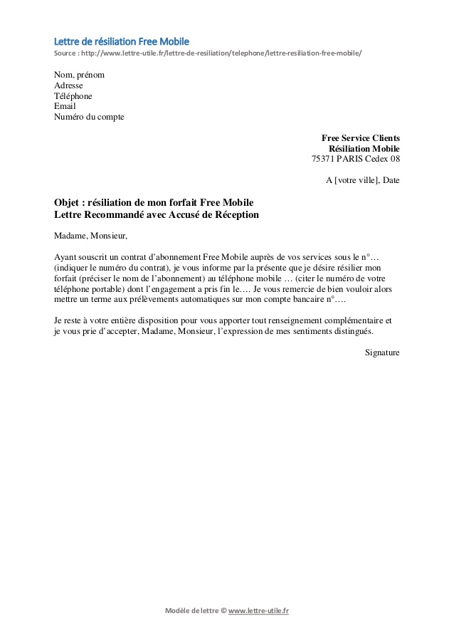 model de lettre de resiliation free