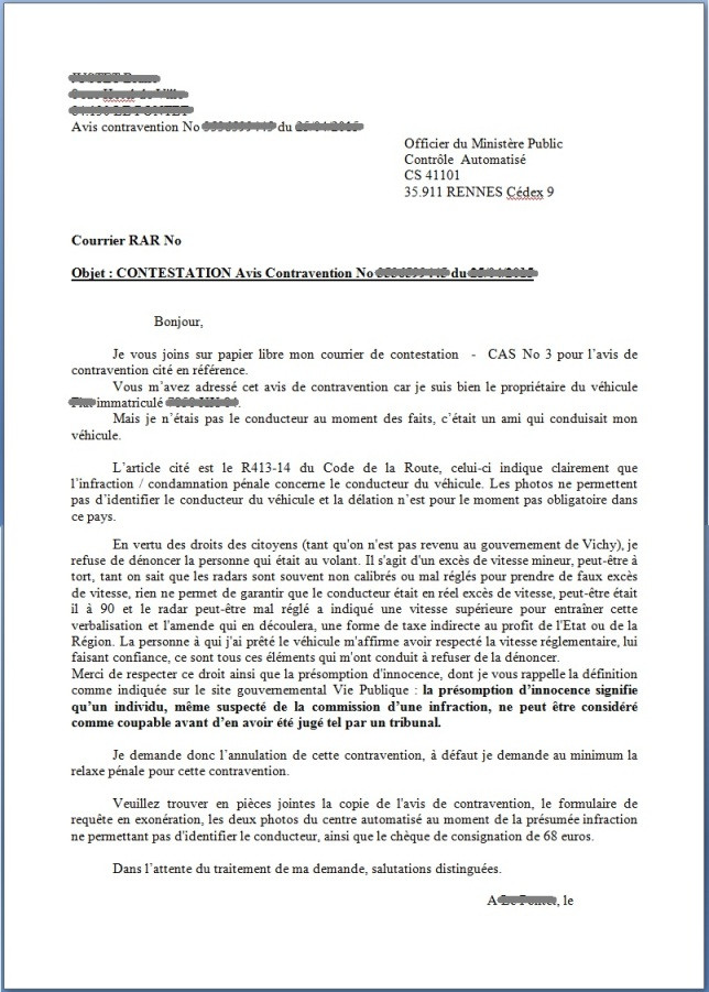 model de lettre pour contester une contravention