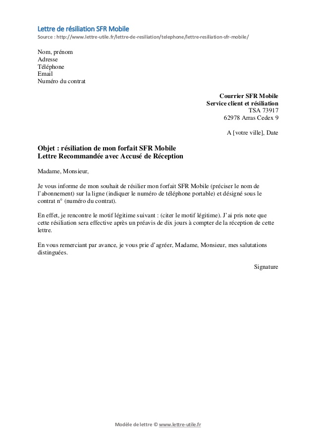 model de lettre resiliation telephone