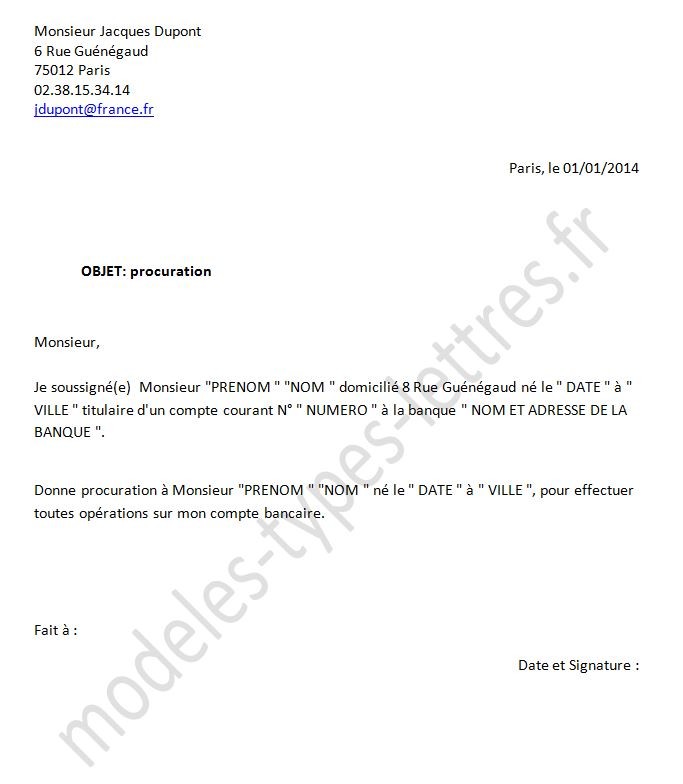 model de procuration bancaire