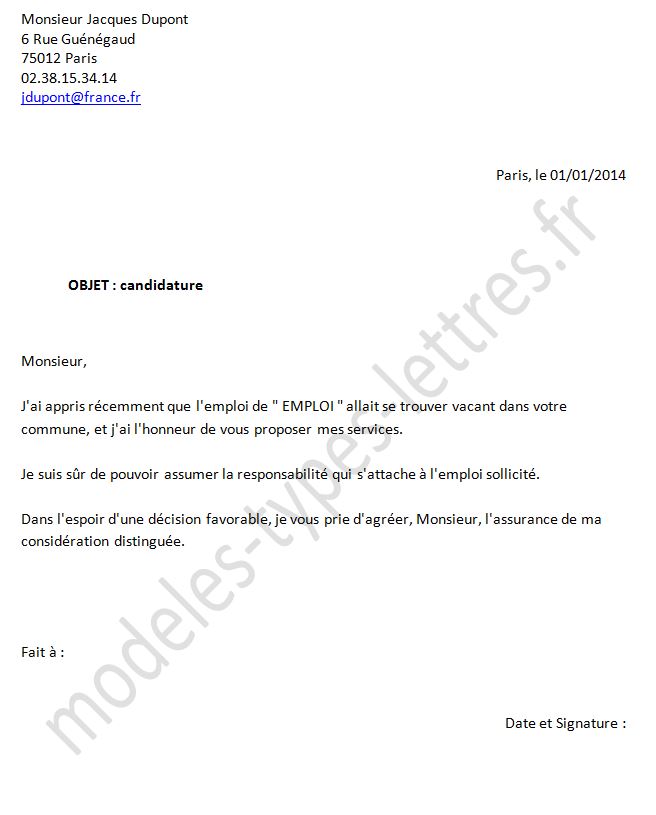 model lettre de demande d'emploie gratuite
