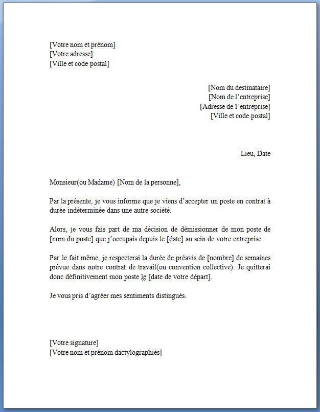 model lettre de demission pdf