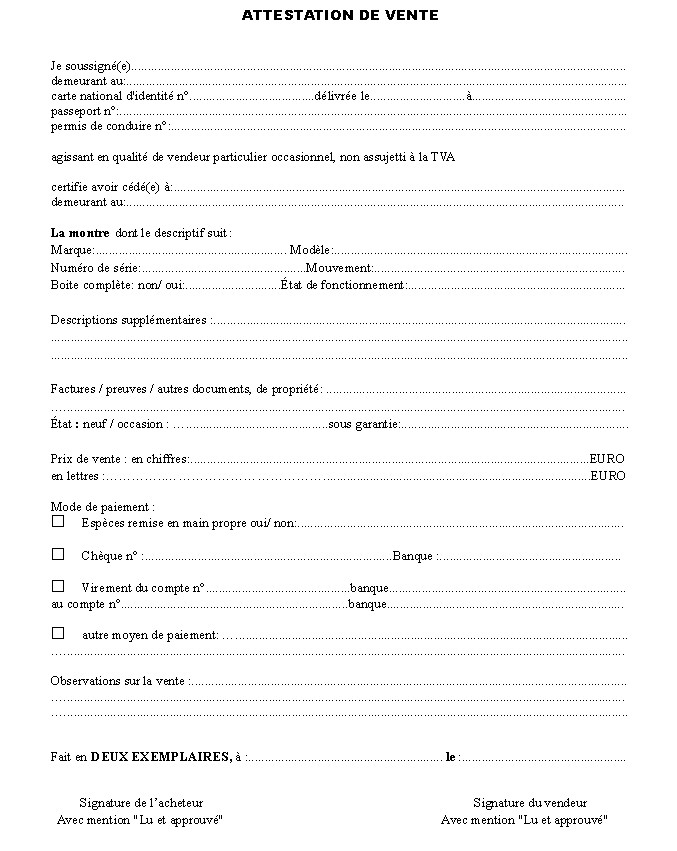 modele attestation vente vehicule