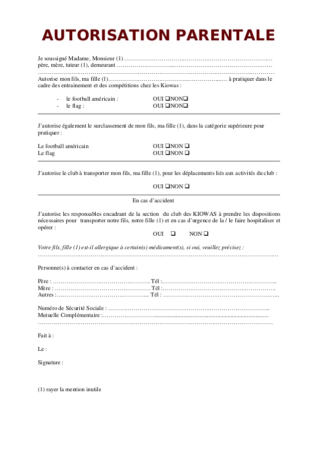 modele autorisation parentale sport