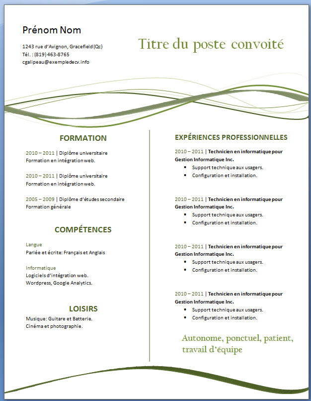 modele cv gratuit a telecharger pdf
