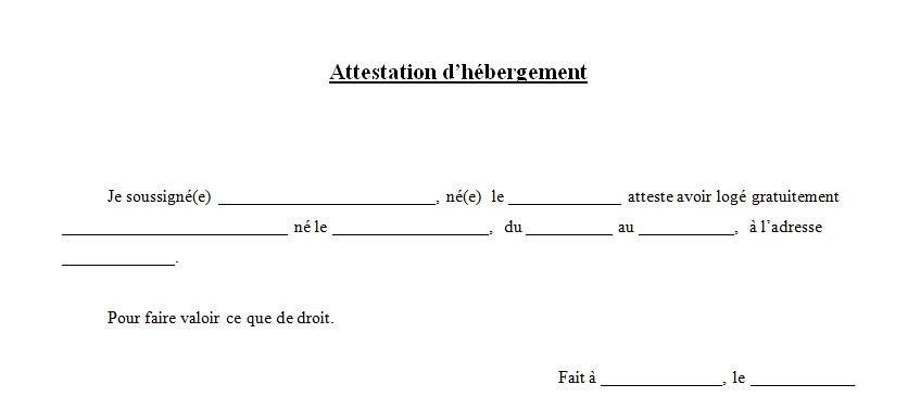 modele d'attestation d'hebergement
