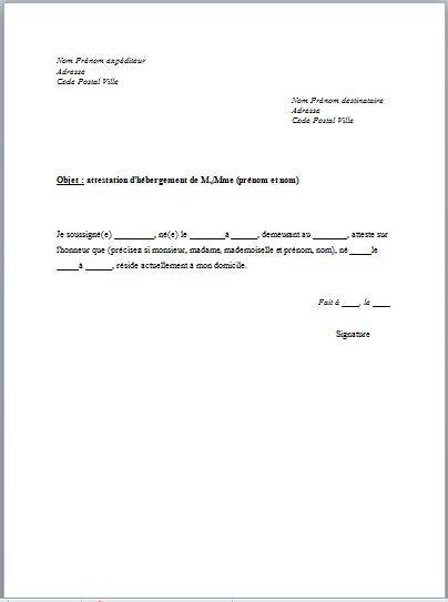 modele d'attestation sur l'honneur d'hebergement