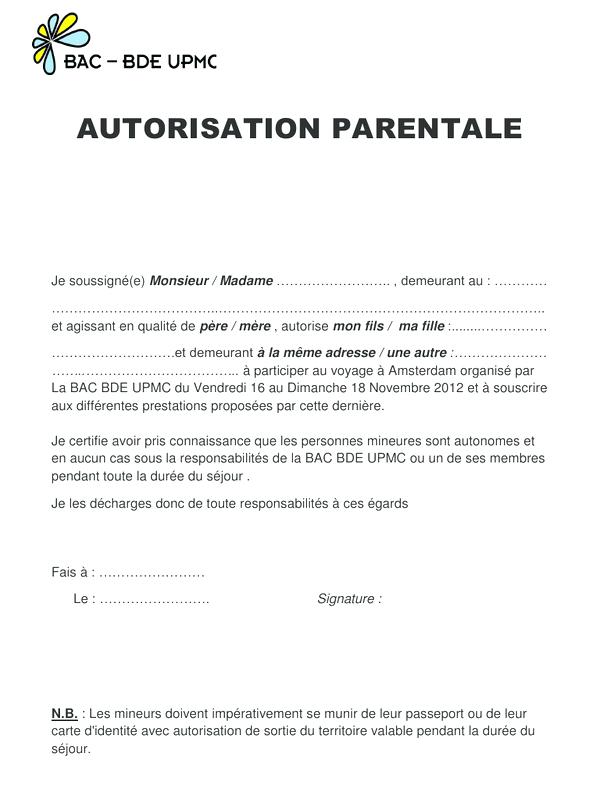 modele d'autorisation parentale pour voyage