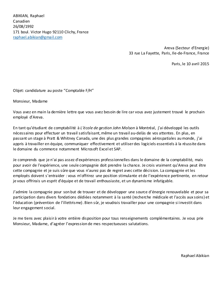 modele d'une lettre de motivation