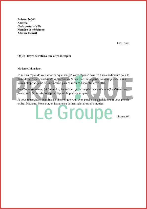 modele d'une lettre de reclamation