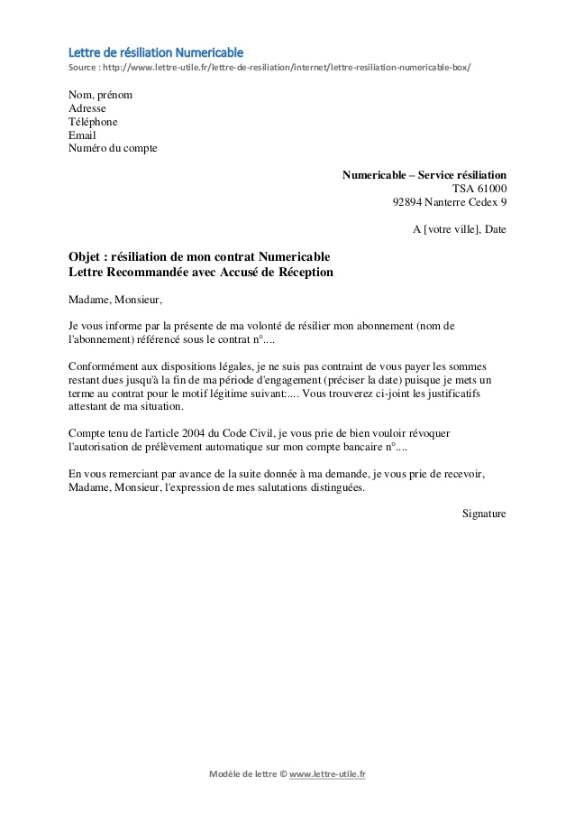 modele de lettre arret prelevement automatique