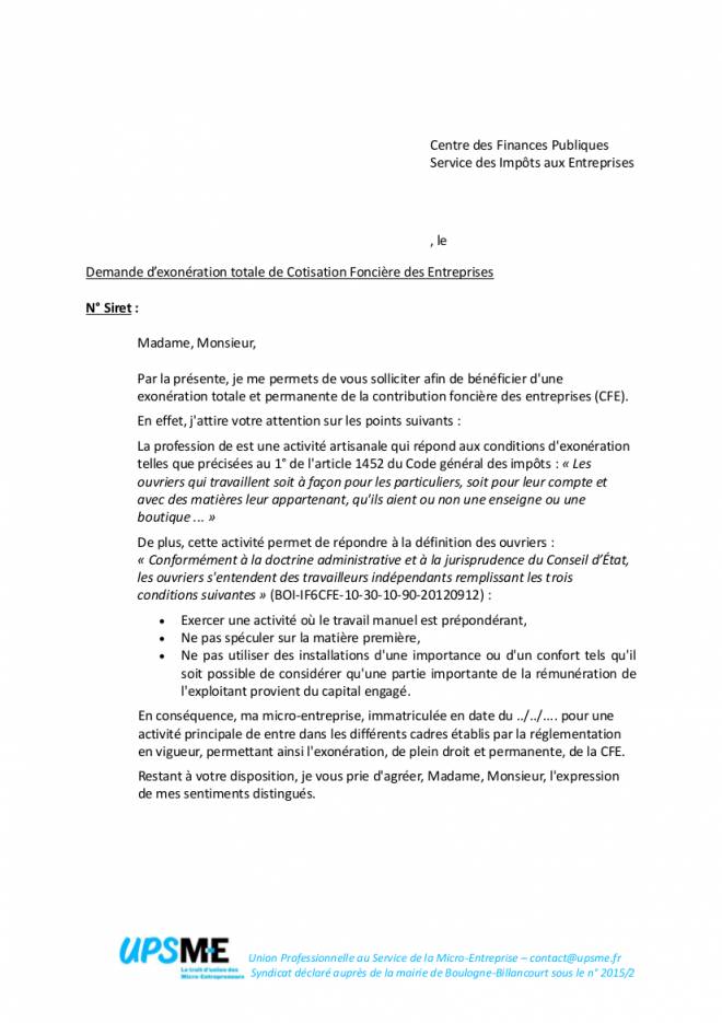modele de lettre d'exoneration des impots