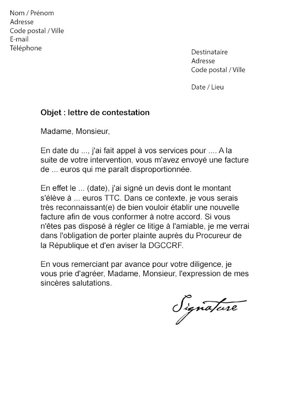 modele de lettre de contestation d'une facture