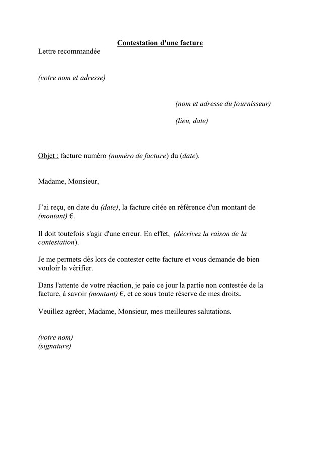 modele de lettre de contestation d'une facture