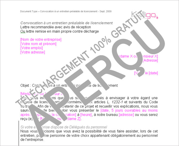 modele de lettre de convocation licenciement