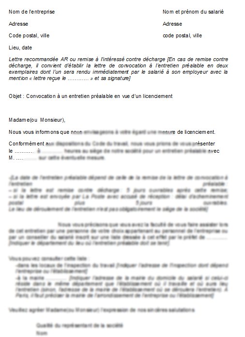 modele de lettre de convocation licenciement