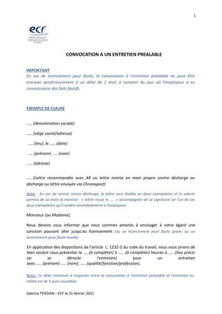 modele de lettre de convocation licenciement